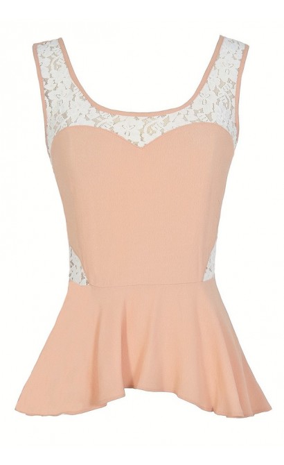 Lace Trim Peplum Top in Pink/Ivory